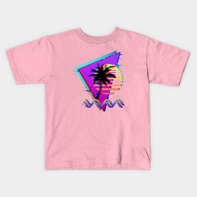 Vaporwave Palm Sunset 80s 90s Retro Glitch Aesthetic Kids T-Shirt by CoitoCG